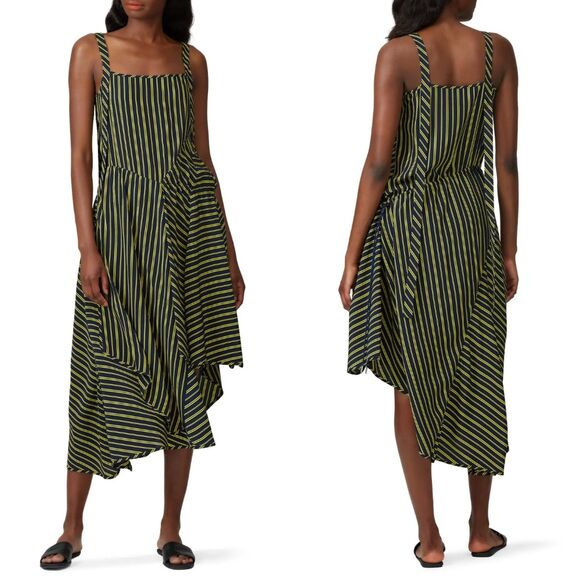 Nina Ricci Striped Asymmetric Trapeze‎ Blue Yellow 100% Silk Dress Sz FR 34 US 0 - Picture 1 of 12